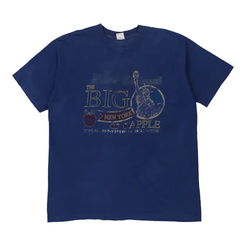 Single Stitch New York. Fruit Of The Loom Graphic T-Shirt - XL Blue Cotton