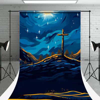 Blue Yellow Cartoon Sky Cross Star Easter Backdrop - Aperturee