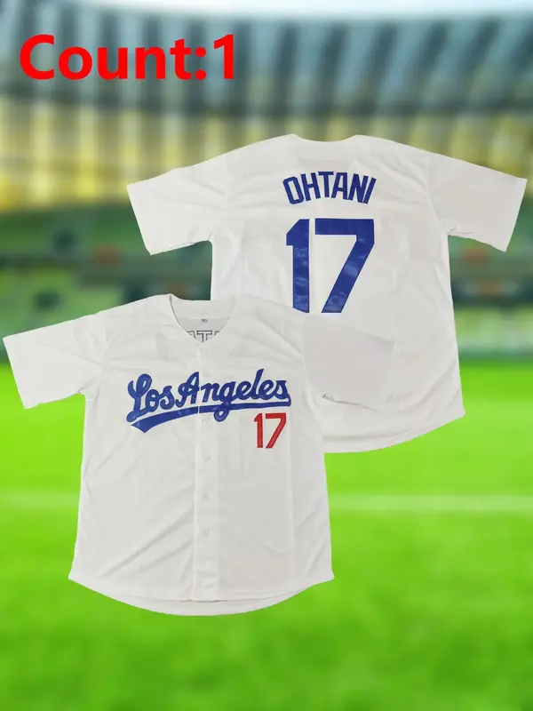 Men's Letter & Figure Patched Button Front Baseball Jersey, Casual Loose Short Sleeve V Neck Baseball Top for Fall & Winter, ...