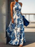 Women's Floral Print Zipper Back A Line Dress, Elegant Bohemian Formal Sleeveless Long Dress for Party Holiday Wedding Guest,...