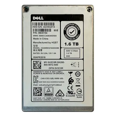 Dell 0V2C0R | 1.6TB 2.5-inch 12GB/s SAS Triple-Level Cell Write-Intensive (512n) Hot-Pluggable Solid State Drive for PowerEdg...