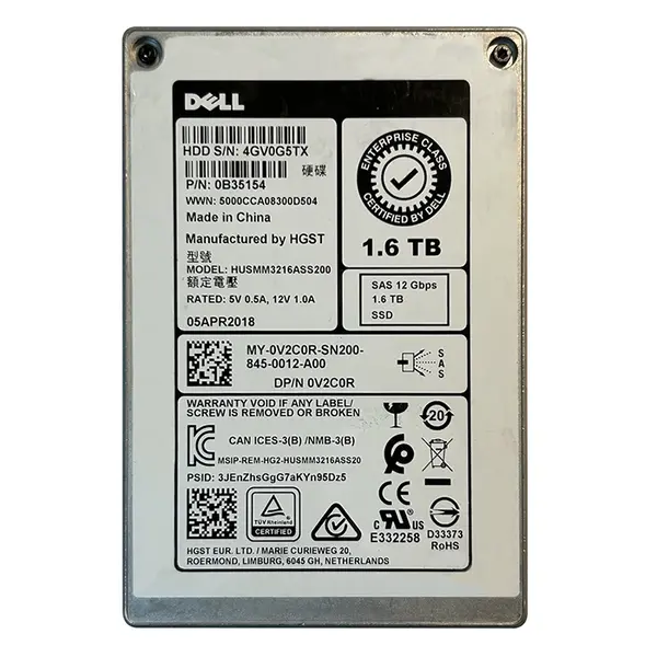 Dell 0V2C0R | 1.6TB 2.5-inch 12GB/s SAS Triple-Level Cell Write-Intensive (512n) Hot-Pluggable Solid State Drive for PowerEdg...