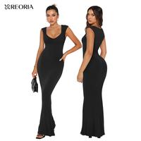 REORIA Women's Sexy Square V Neck Cap Sleeve Dress Summer Elegant Lounge Long Dress Outdoorfun Beach Vibes Ribbed Bodycon Max...