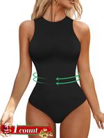 Women's Tummy Control Shapewear Bodysuit, Smooth Round Neck Shaper Seamless Sleeveless Racerback Tank Thong Bodysuit, Womensw...