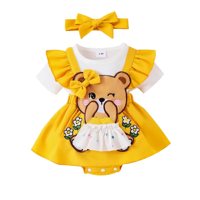 Baby Toddler Girls Summer Romper Dress 3 6 9 12 18 Months Flying Sleeve Cartoon Doll Flower Embroidery Jumpsuit with Headband