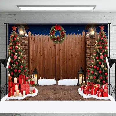 Aperturee Snowy Night Wooden Gate Tree Gift Christmas Backdrop - Aperturee