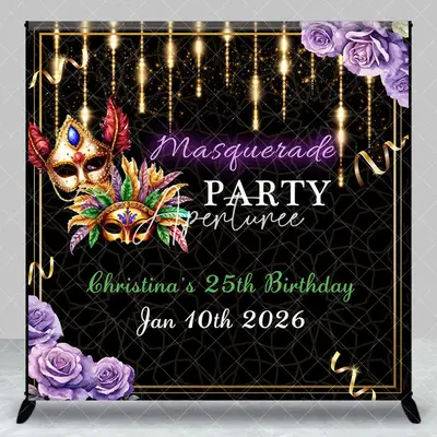Aperturee Black Gold Masquerade Custom Name Birthday Backdrop, 3X3FT(1X1M), 15 USD, custom birthday backdrops, DZYM0Z33-O