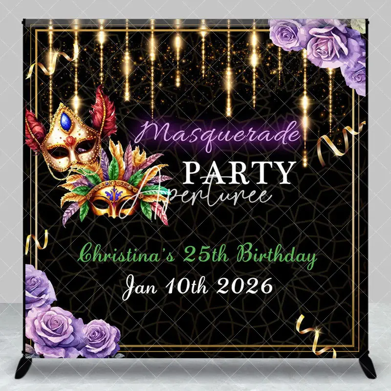 Aperturee Black Gold Masquerade Custom Name Birthday Backdrop, 3X3FT(1X1M), 15 USD, custom birthday backdrops, DZYM0Z33-O