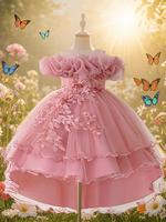 Girl's Sequin Decor Multi-layer Tulle Party Dress, Elegant Butterfly Sleeve Square Neck Dress for Performance Wedding Guest, ...