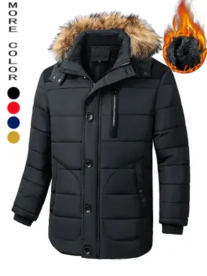 Men's Contrast Faux Fur Trim Hooded Jacket, Regular FitĀ Casual Long Sleeve Button Front Zipper Coat for Winter, Men's Clothe...