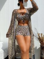 Three-piece Set Women's Geometric Print Drawstring Swimsuit Set, Bikini Sets, Ladies Swimwear for All Seasons, Bikini Top Tru...