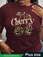 【Plus Size】 Leopard Letter Print Round Neck Tee, Fashion Casual Crew Neck Short Sleeve T-shirt for Daily Outdoor Wear, Wo...