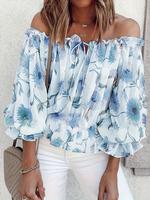 Women's Floral Print Off Shoulder Blouse, Chic Frill Trim Drawstring Flounce Sleeve Top, Summer Fashionable Floral Pattern Cl...