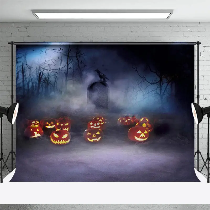 Dim Mist Pumpkin Forest Tombstone Halloween Backdrop - Aperturee
