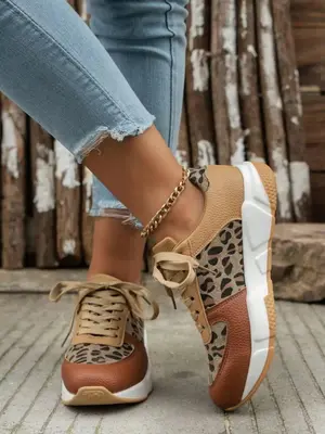 Fashion Leopard Print Lace Up Low Top Sneakers, Casual Comfortable Sports Running Shoes, Female All-match Round Toe Shoes for...