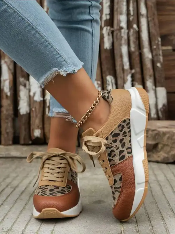 Fashion Leopard Print Lace Up Low Top Sneakers, Casual Comfortable Sports Running Shoes, Female All-match Round Toe Shoes for...