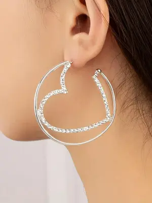 Rhinestone Decorated Heart Design Hoop Earrings, Elegant Fashion Zinc Alloy Jewelry for Women, Evening Party Accessories