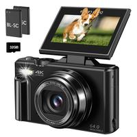 4K Digital Camera for Photography with 64MP, 3 Inch 180 Flip Screen, 18X Digital Zoom, 32GB Micro SD Card, 2 Batteries,