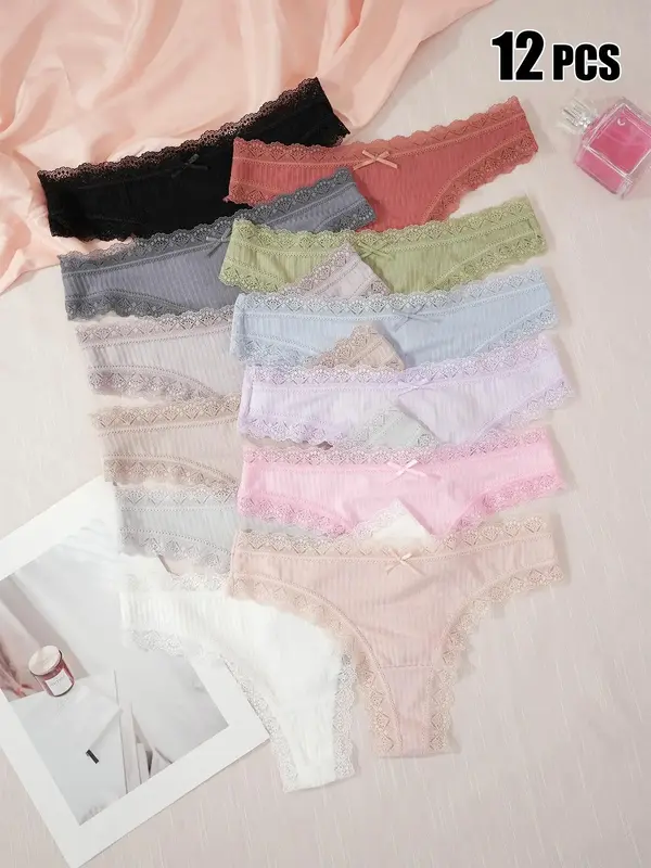Women's Plain Bow Decor Lace Trim Thong, Casual Comfy Breathable Panty for Daily Wear, Ladies Underwear for All Seasons