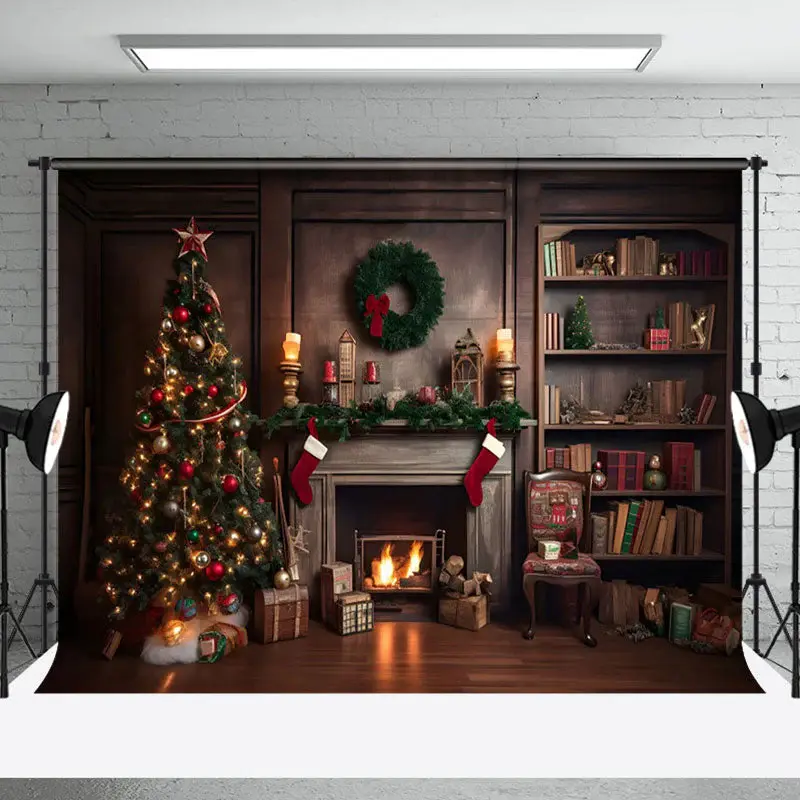Aperturee Cozy Christmas Indoor Lit Fireplace Tree Backdrop - Aperturee