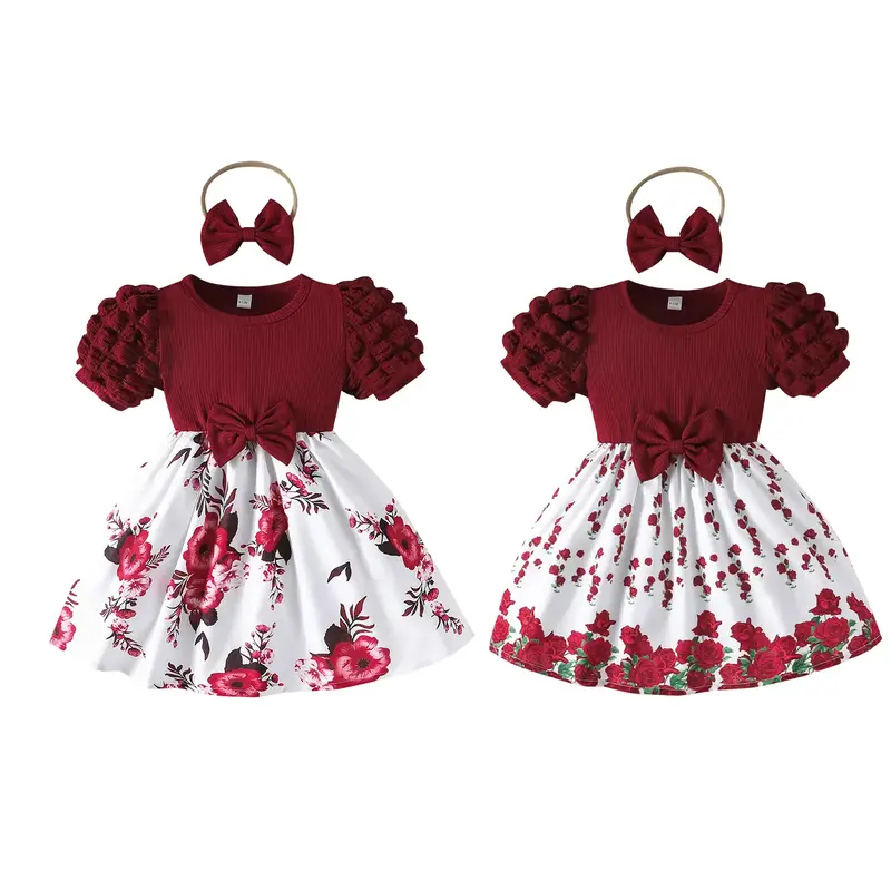 Toddler Baby Girl Summer Outfit Flower Print Puff Sleeve A-line Dress Bow Headband 2 Piece Set 6M-3Y