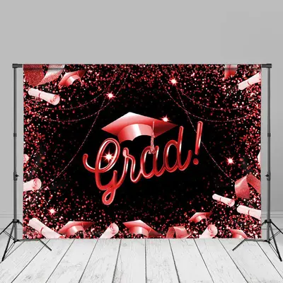 Grad Party Red Glitter Ribbon Black Photos Backdrop - Aperturee