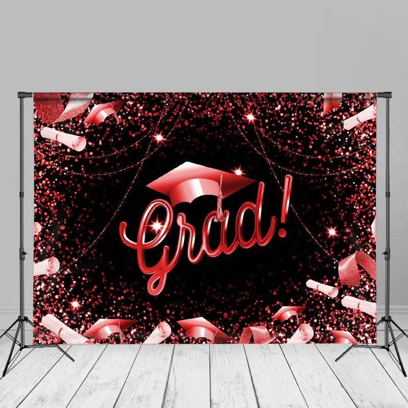 Grad Party Red Glitter Ribbon Black Photos Backdrop - Aperturee