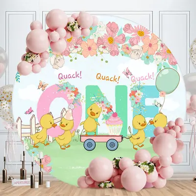 Floral Cartoon Cute Duck Round 1st Birthday Backdrop - Aperturee