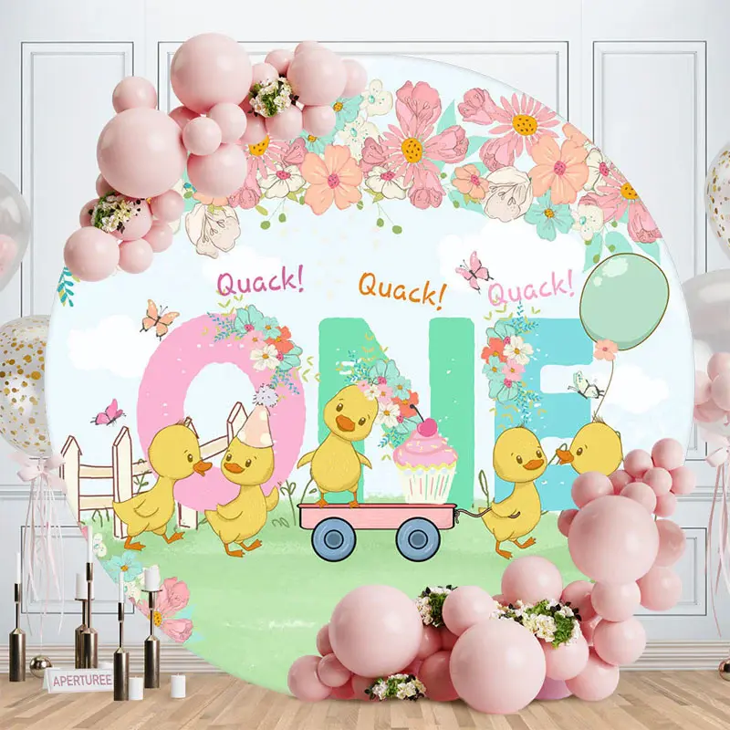Floral Cartoon Cute Duck Round 1st Birthday Backdrop - Aperturee