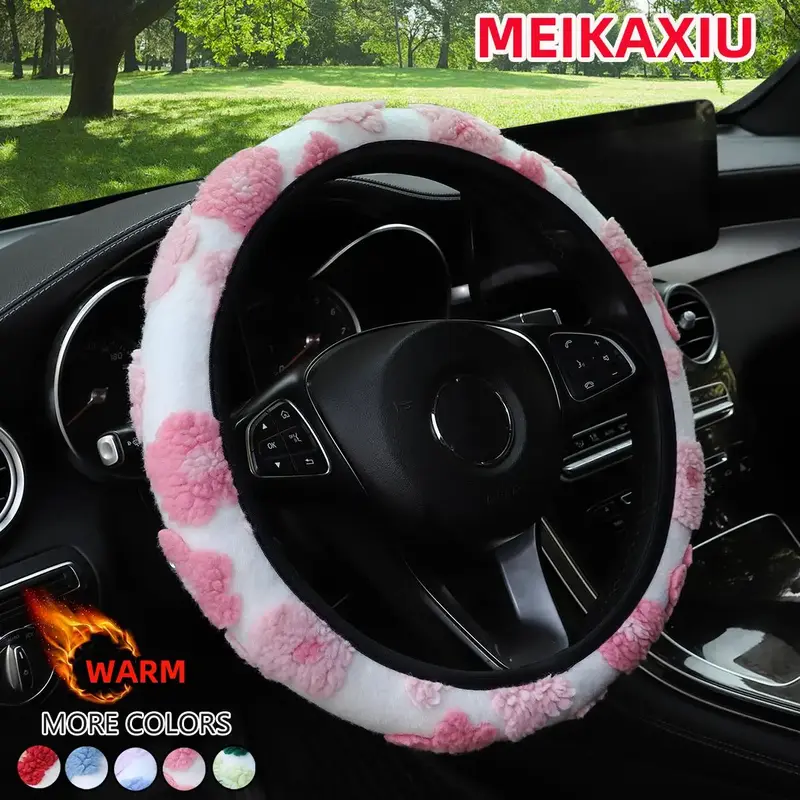 Cute Flower Design Car Steering Wheel Cover, Soft Plush Car Steering Wheel Protector, Universal Car Interior Decoration Acces...