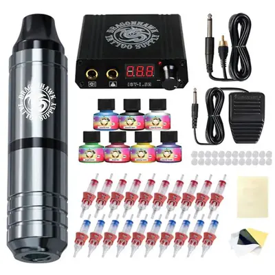 Dragonhawk Tattoo Machine Kit MG3 Pen Rotary Gun 20Pcs Cartridge Needles for Tattoo Artists TZ500