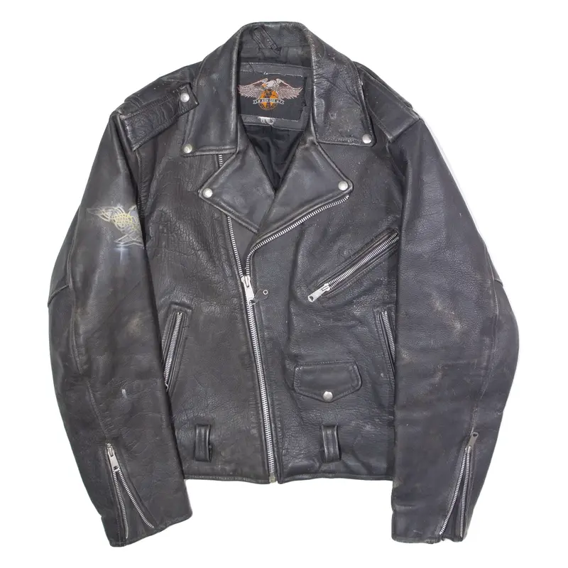 ASH GEE Metallica Mens Biker Jacket Black Leather 90s L