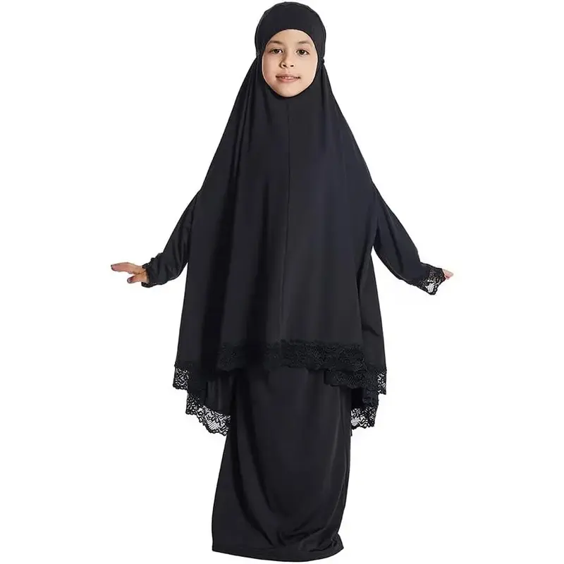 Muslim Clothes for Girl Kids – 2PCS Abaya Set, Full Cover Lace Hijab Dress, Islamic Kaftan Khimar Skirt Set, Prayer Dress