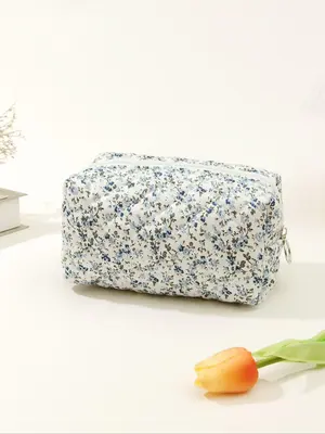 Women's Ditsy Floral Pattern Quilted Makeup Bag, Elegant Large Capacity Cosmetics Storage Bag, Cute Versatile Makeup Storage ...