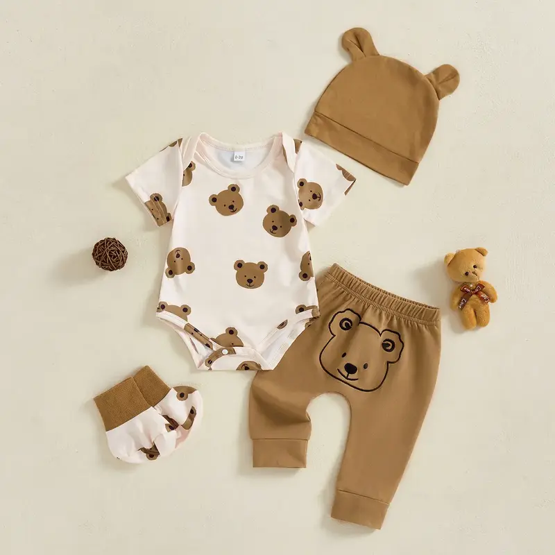 Newborn Baby Boy Summer Clothes Bear Print Short Sleeve Romper Long Pants Hat Shoes Set 4pcs Coming Homer Outfits Infant Boy ...