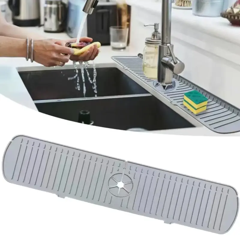 Silicone Faucet Mat with Drip Filter Tray, 1 Count Kitchen Sink Faucet Dish Soap Sponge Holder, Splash Guard for Bathroom & K...