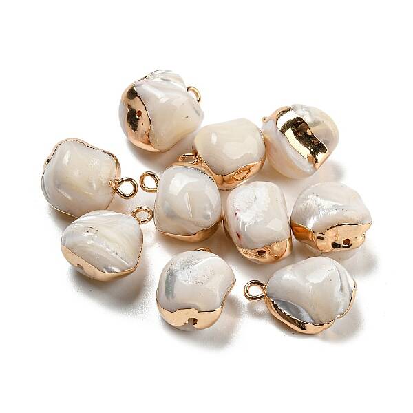 Natural Trochus Shell Nuggets Charms with Brass Edge