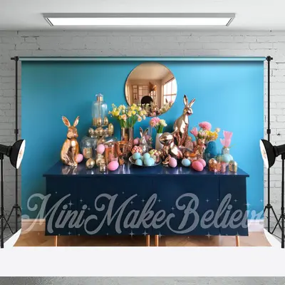Blue Wall Gold Rabbit Ornament Photo Easter Backdrop - Aperturee