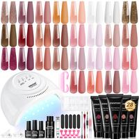 JEWHITENY 28pcs Poly Nail Extension Gel Kit Nude Pink Brown Orange Rose Red Glitter Poly Gel Nail Kit With Lamp Starter Kit A...