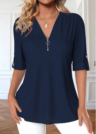 Modlily Navy Zipper 3/4 Sleeve V Neck Blouse - M