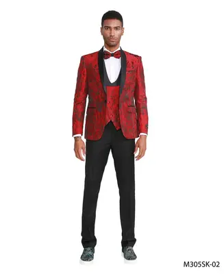 Tazio Men's 3 Piece Skinny Fit Suit Black Shawl Lapel Suit with Slim Cut Pants