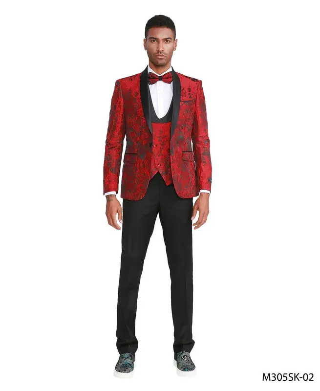 Tazio Men's 3 Piece Skinny Fit Suit Black Shawl Lapel Suit with Slim Cut Pants