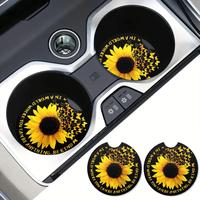 Sunflower Pattern Car Coaster, 1 Pair Round Car Cup Holder Coaster, Non-slip Car Cup Holder Mat, Universal Car Interior Decor...