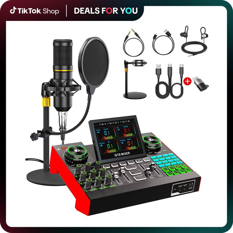 Tenlamp G10 Audio Mixer, Live Sound Card, Professional Chipset, 48V Phantom Power, One-Touch Noise Reduction, One-Touch