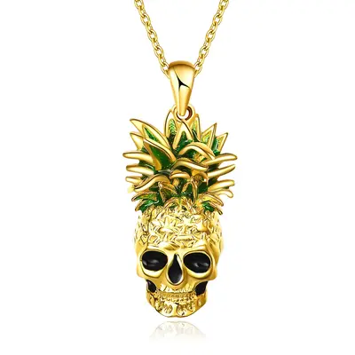 Sterling Silver with Yellow Gold Plated Pineapple & Skull Pendant Necklace