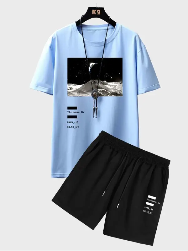 Two/Four/Six Pieces Men's Landscape Graphic Print Shorts Set, Casual Drop Shoulder Tee & Drawstring Shorts, Fashion Cozy Bre...