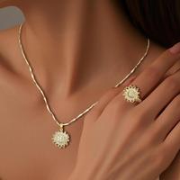 14K Gold Plated Rotating Pendant Necklace & Ring Set for Women, Adjustable Sunflower Fidget for Anxiety, Rhinestone Decor Nec...