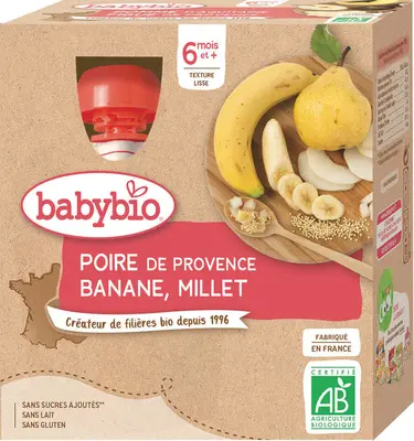 Babybio Fruit Bottles - 6 months and + - Pear, Banana, Millet - BIO 4X90G