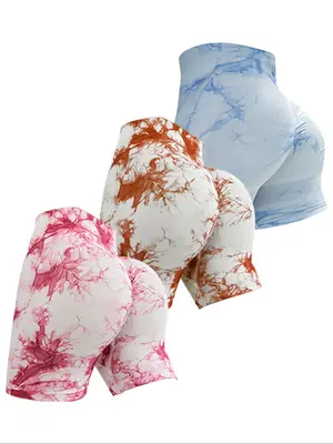 Women's 3pcs Tie Dye Print High Waist Sports Gym Shorts, High Stretch Seamless Yoga Short Leggings, Ladies Sportswear for In...