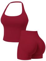 Two-piece Set Women's Solid Color Halter Top & High Waist Shorts Sports Set, Sporty Breathable Quick Drying Outfits for Yoga ...